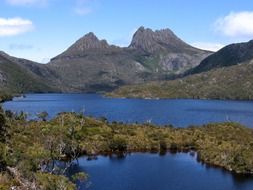 landscape with lake on the background of Lullaby Mountain in Tasmania