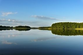 summer panorama of a wide lake and green forest
