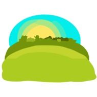 drawing of a sunrise over a green hill