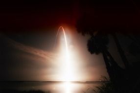 landscape of rocket contrail in morning in usa, florida, atlantis