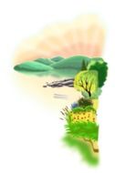 Colorful drawing of a lake with green trees