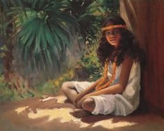 oil painting on canvas with the image of a girl on a background of nature