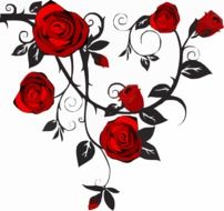 branch with red roses and leaves as a graphic illustration with white background