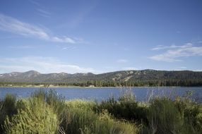 lake view landscape green hills aback