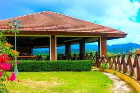 open park building in view of mountains