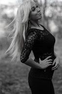 long haired woman posing, black and white