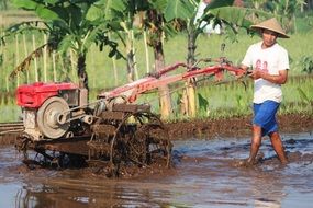 Farmer on the water goes with a plow