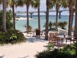 tables and chairs among palm trees