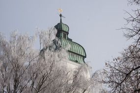 winter landscape with trees on the background of the church