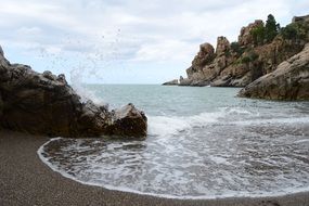 surf on a rocky coast on a cloudy day