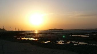 glowing ocean at sunset, low tide, korea