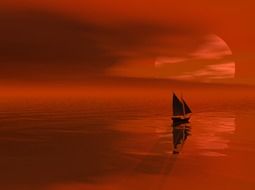 one boat at the crimson sunset