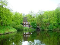 landscape houses by the lake and mills