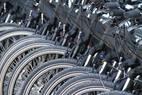 Bicycles stand in a row in the parking lot