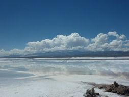 Beautiful Salinas Grandes is a large salt flat in central-northern Argentina under white clouds