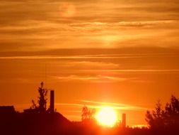 sun in the sunset on the horizon with trees