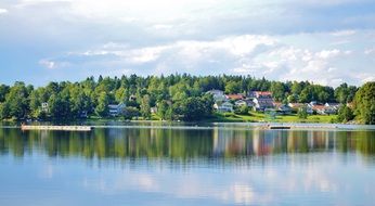 Green trees near houses on the lake