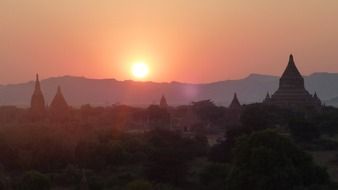 sunset over door ruins in Myanmar