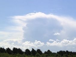 White Clouds on a blue sky over green trees