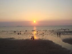 landscape of people in water near beach at sunset