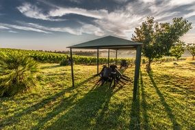 Gazebo tent for relaxing on a beautiful and colorful field in Tuscany, Italy