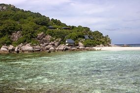 view from the water to the beach huts of the tropical coast