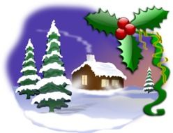 Christmas card clipart of a picture of a house and Christmas trees