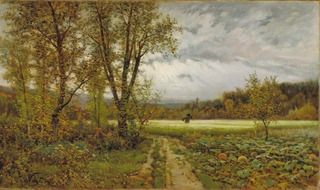 artistic painting on canvas of rural landscape of fall