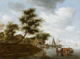 salomon ruysdael painting, river landscape with people and cows on boat