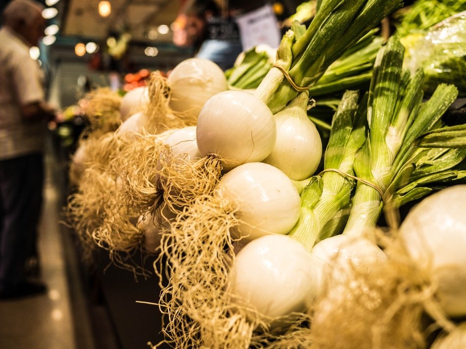 green onion on the market in Barcelona