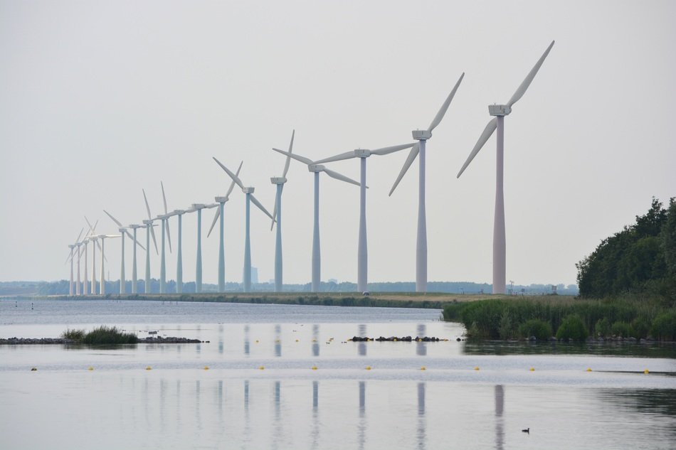 windmills on seashore