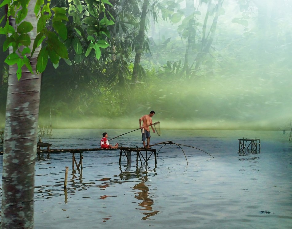 people fishermen fishing forest