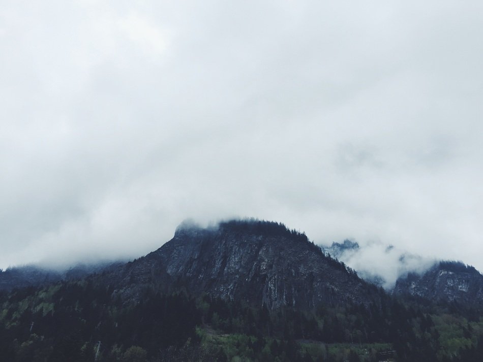 Alpine mountains in the mist