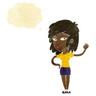 cartoon pretty woman waving with thought bubble N17