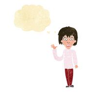 cartoon shocked woman waving hand with thought bubble N2