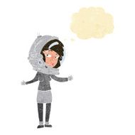 cartoon woman wearing astronaut helmet with thought bubble N2