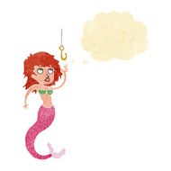cartoon mermaid and fish hook with thought bubble