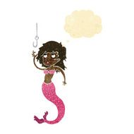 cartoon mermaid and fish hook with thought bubble N2