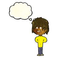 cartoon happy scruffy boy with thought bubble N3