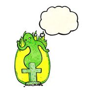 cartoon ghost rising from grave with thought bubble N6