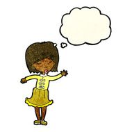 cartoon waving woman with thought bubble N30