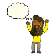 cartoon happy bearded man waving arms with thought bubble N3
