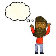 cartoon bearded man waving arms with thought bubble N3
