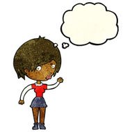 cartoon waving woman with thought bubble N31