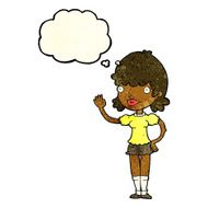cartoon waving woman with thought bubble N32