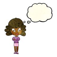 cartoon happy woman with folded arms thought bubble N5
