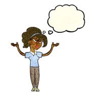 cartoon woman raising hands in air with thought bubble N5