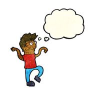 cartoon happy man doing funny dance with thought bubble N4