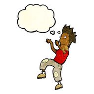 cartoon happy man doing funny dance with thought bubble N5