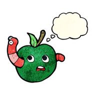 cartoon worm in apple with thought bubble N2